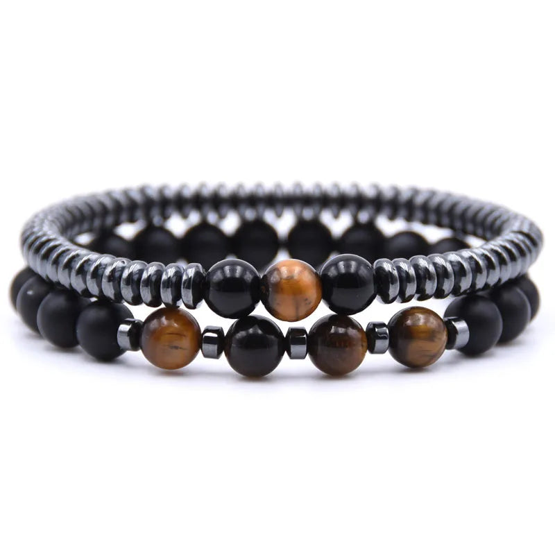 Noter 2pcs/pair Bracelet For Men 8mm Hematite Strand Couple Braslet Male Cool Biker Camping Distance Braclet Pulseira Homem Gift