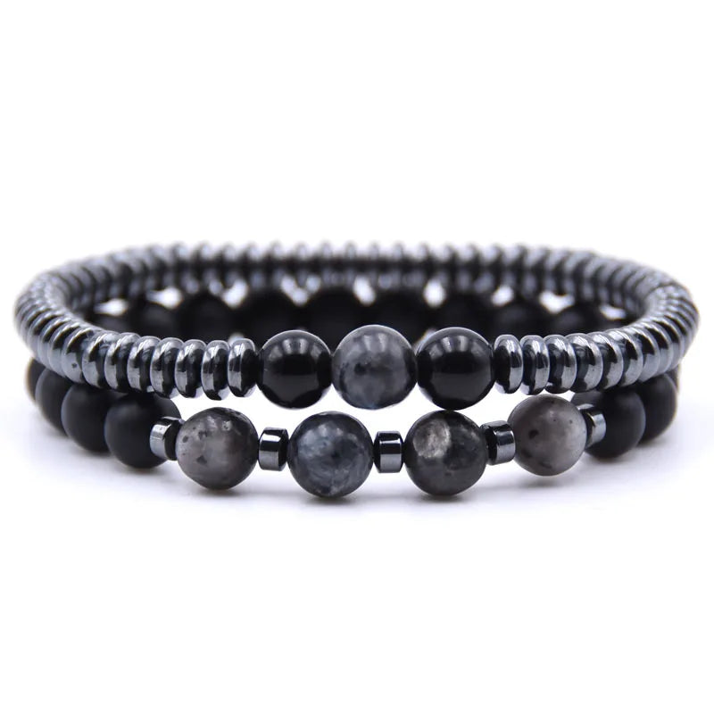 Noter 2pcs/pair Bracelet For Men 8mm Hematite Strand Couple Braslet Male Cool Biker Camping Distance Braclet Pulseira Homem Gift