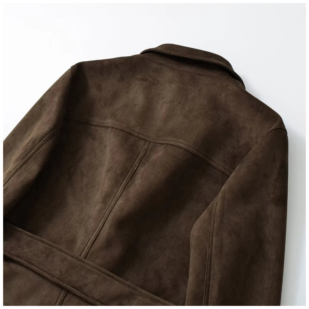 Womens Suede Look Blazer Jacket With Belted Waist And Single Button Casual And Commuter Fashion Jacket Woman Clothes Tops