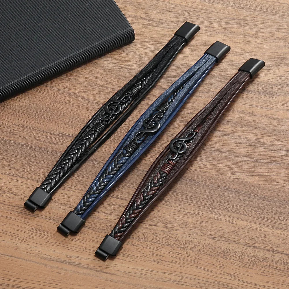 Pulsera Hombre Bracelets For Men New Retro Creative Music Symbol Simple Leather Multi-layer Bracelets Magnetic Buckle Jewelry