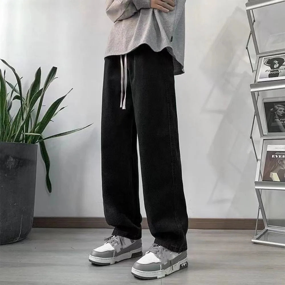 Elastic Waist Men's Casual Jeans Straight Leg Loose Fit Denim Trousers Wide Leg Basic Design Wide Leg Pants Men's Clothing