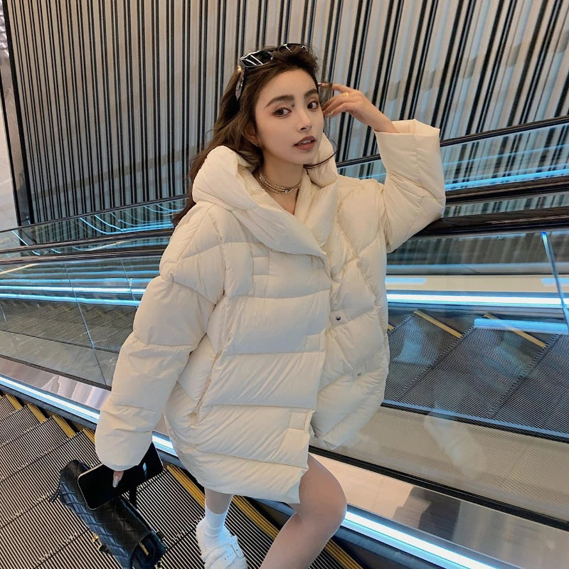Mid-length Coats for Women, Loose Hooded Outerwear, Feather Coats, Casual and Simple, Korean Fashion, Winter, 2024