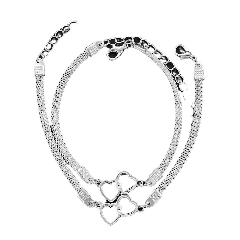 2 Pcs Set Love Heart Couple Bracelets for Women Men Silver Color Double Layer Matching Chain Bracelet Lover Jewelry Gift