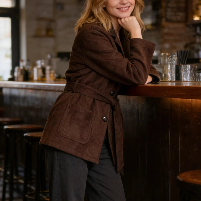 Womens Suede Look Blazer Jacket With Belted Waist And Single Button Casual And Commuter Fashion Jacket Woman Clothes Tops