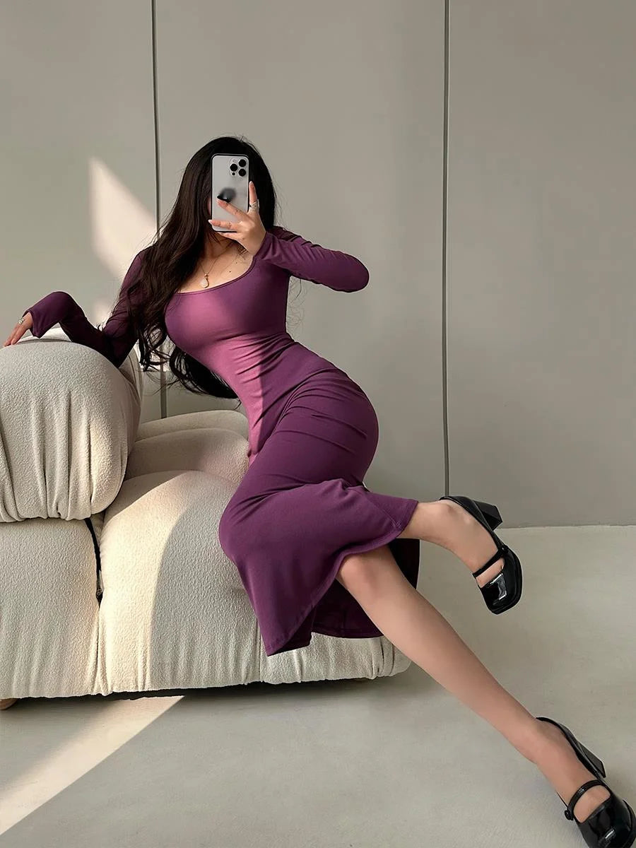 WOMENGAGA Sexy U Neck Square Collar Tight Slim Long Sleeve Fishtail Dress Long Maxi Dress Fashion Sweet Robe Women 7LN8