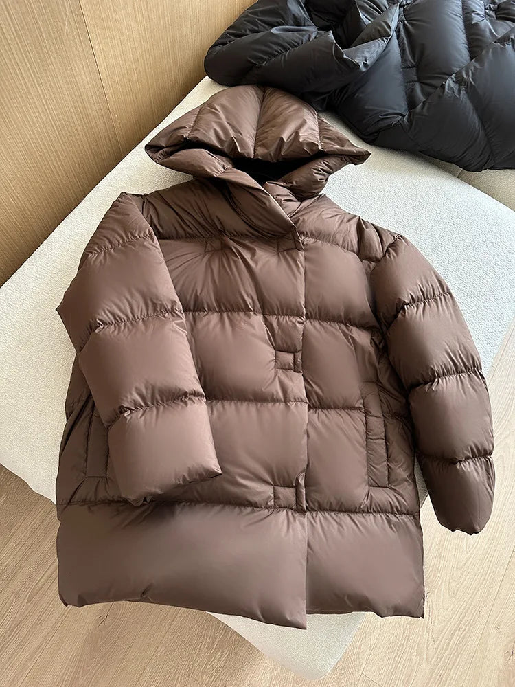 Mid-length Coats for Women, Loose Hooded Outerwear, Feather Coats, Casual and Simple, Korean Fashion, Winter, 2024