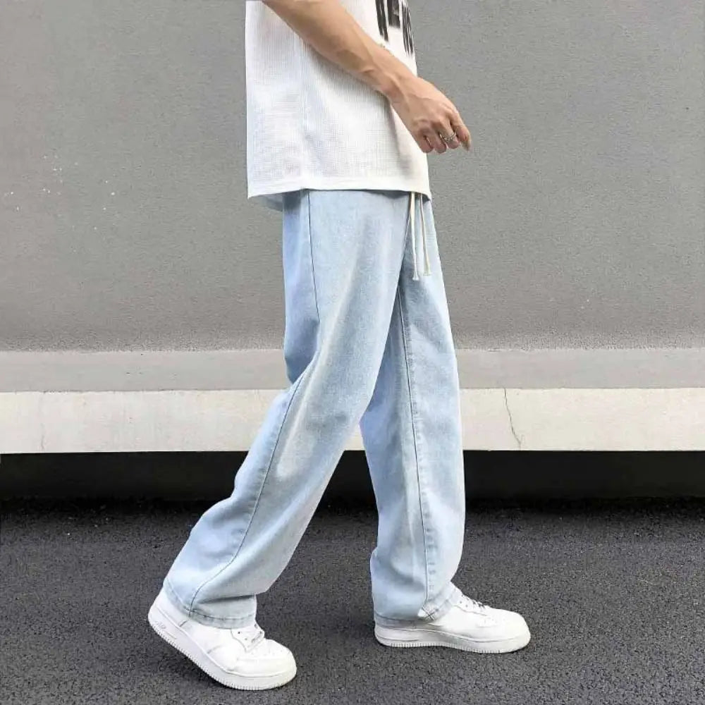 Elastic Waist Men's Casual Jeans Loose Fit Wide Leg Denim Trousers Straight Leg Basic Design Wide Leg Pants Street Fashion