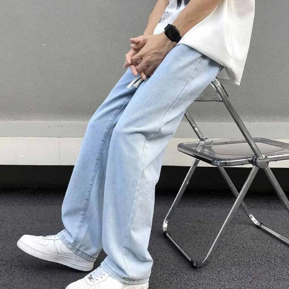 Elastic Waist Men's Casual Jeans Straight Leg Loose Fit Denim Trousers Wide Leg Basic Design Wide Leg Pants Men's Clothing