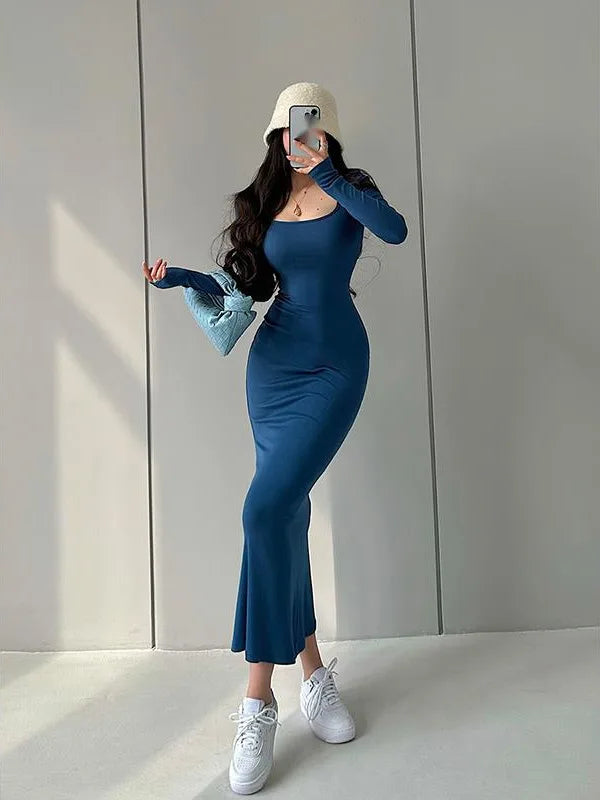 WOMENGAGA Sexy U Neck Square Collar Tight Slim Long Sleeve Fishtail Dress Long Maxi Dress Fashion Sweet Robe Women 7LN8
