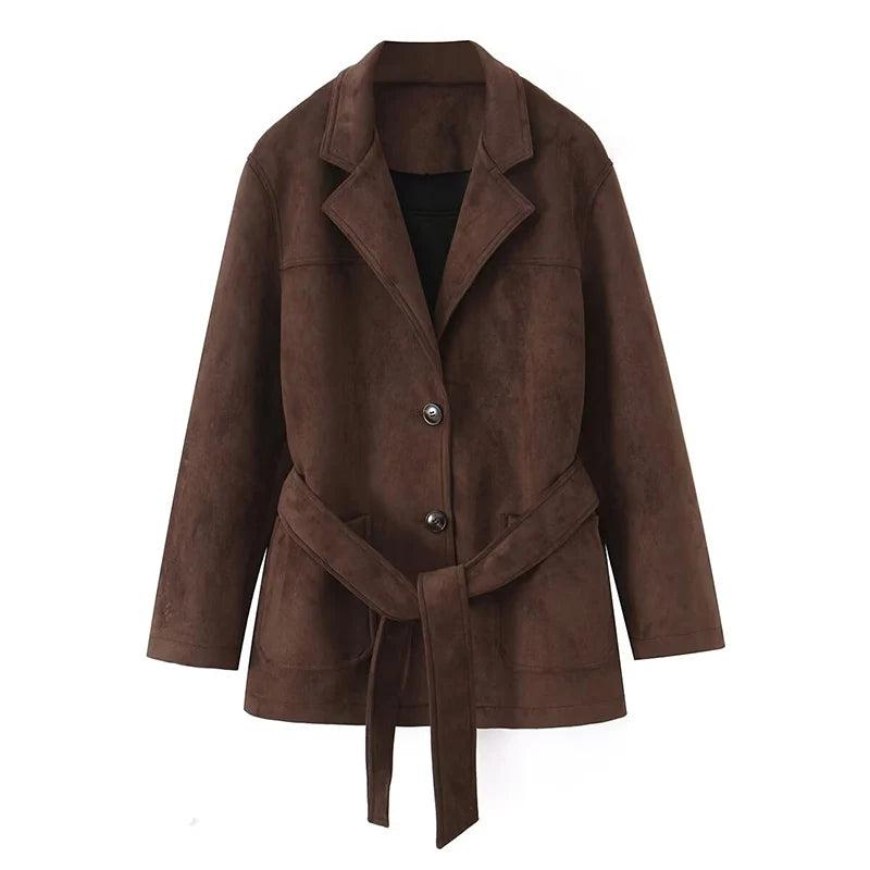 Womens Suede Look Blazer Jacket With Belted Waist And Single Button Casual And Commuter Fashion Jacket Woman Clothes Tops