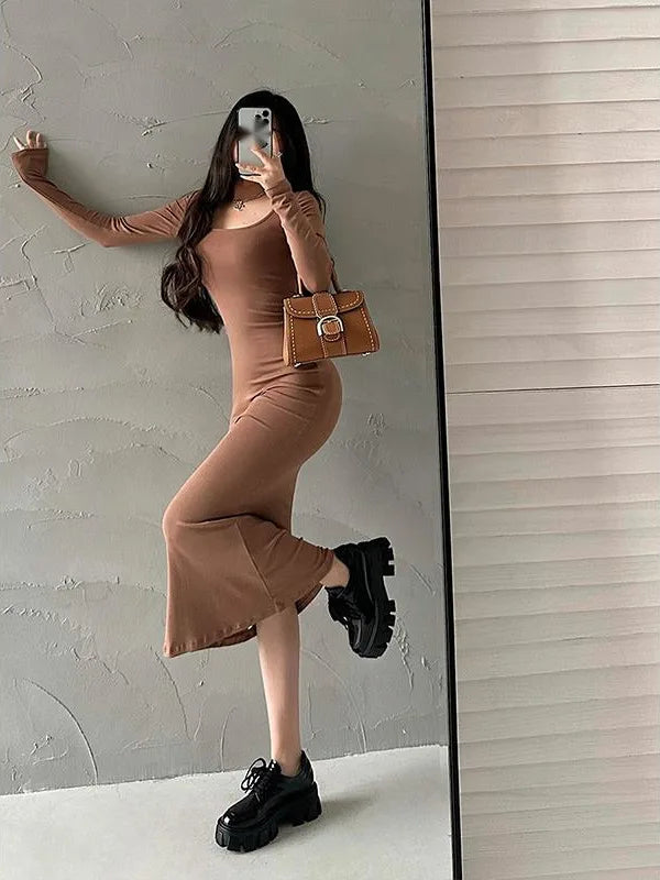 WOMENGAGA Sexy U Neck Square Collar Tight Slim Long Sleeve Fishtail Dress Long Maxi Dress Fashion Sweet Robe Women 7LN8