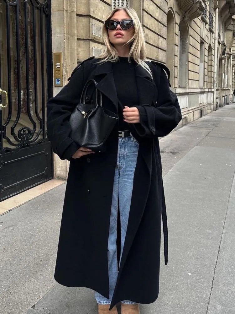 Suit Collar Long Woolen Coat With Belt Black French Luxury Cloak Wool Coats Women Winter Double-Sided Tweed Overcoat Outwear