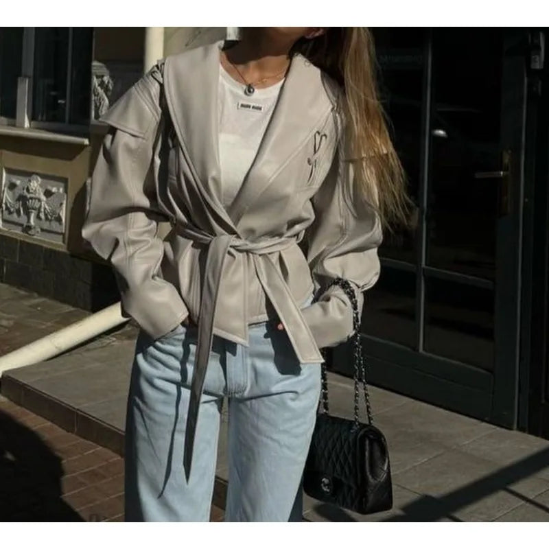 Beautiful Woman Retro New Versatile Motorcycle Jacket Leather Jacket