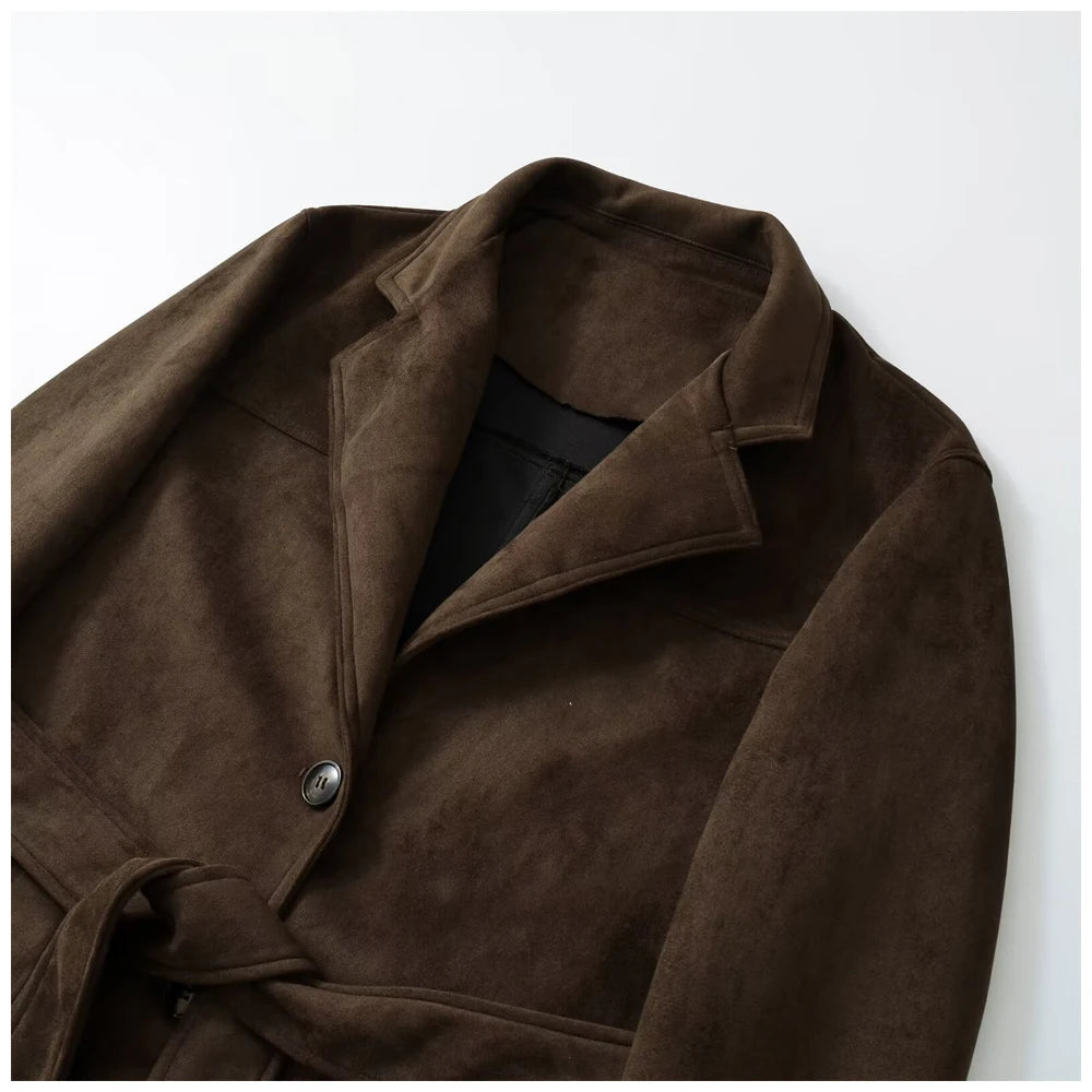 Womens Suede Look Blazer Jacket With Belted Waist And Single Button Casual And Commuter Fashion Jacket Woman Clothes Tops