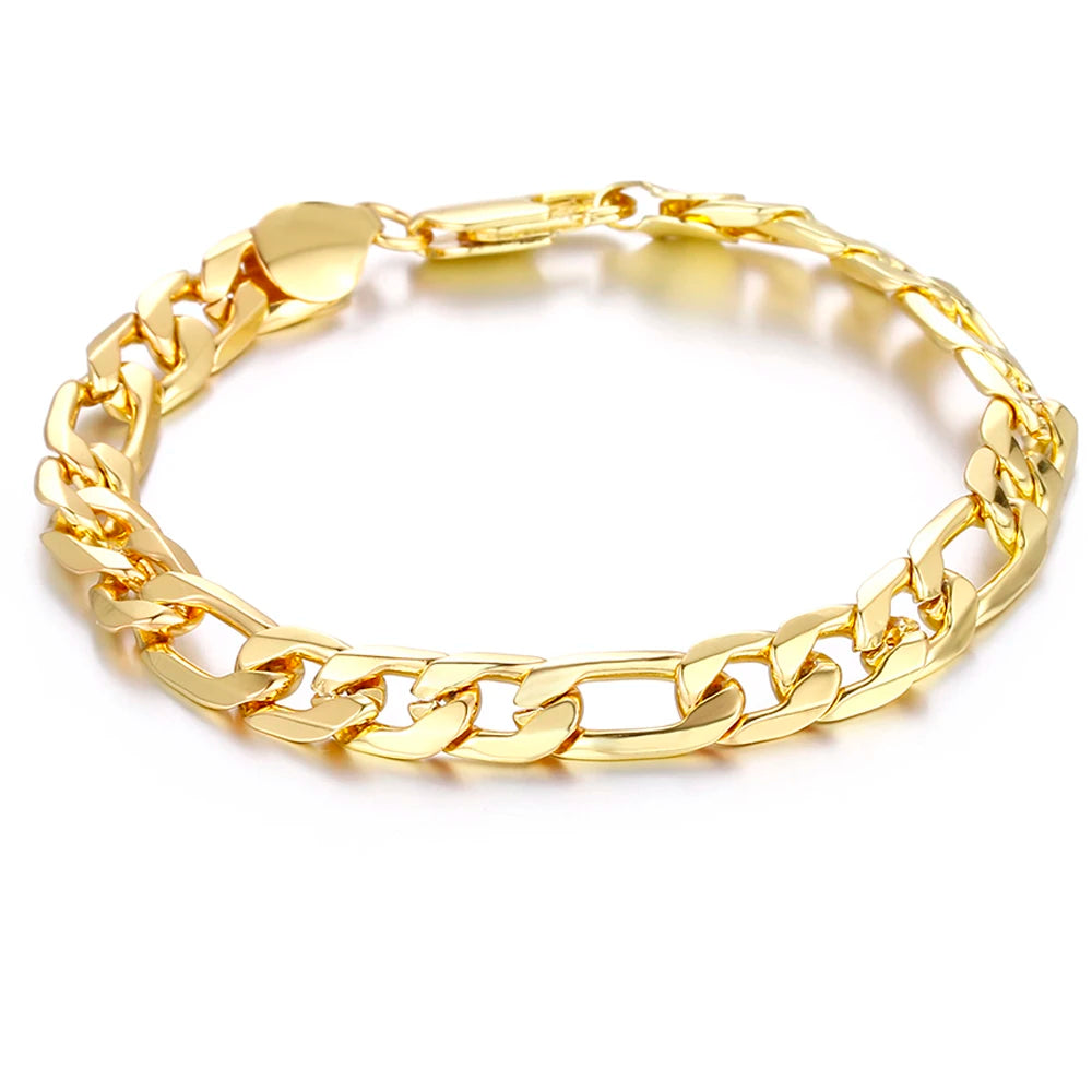 8 Inch Gold Bracelet 8MM Gold/Silver Color Full Side Figaro Chain Bracelet for Woman Man Fashion Wedding Jewelry Gift
