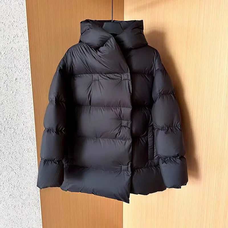 Mid-length Coats for Women, Loose Hooded Outerwear, Feather Coats, Casual and Simple, Korean Fashion, Winter, 2024