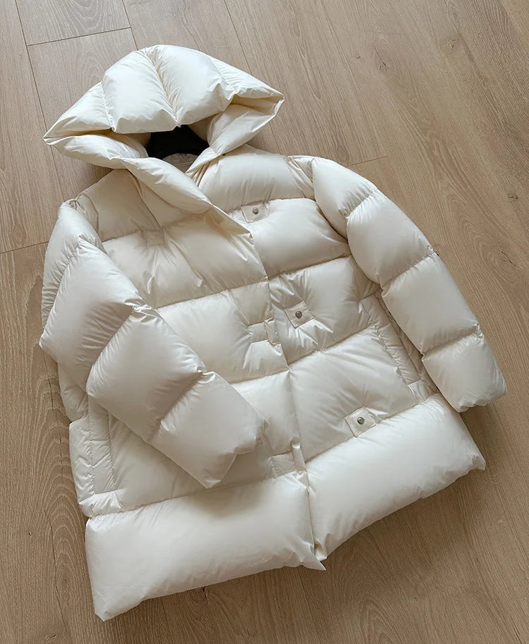 Mid-length Coats for Women, Loose Hooded Outerwear, Feather Coats, Casual and Simple, Korean Fashion, Winter, 2024