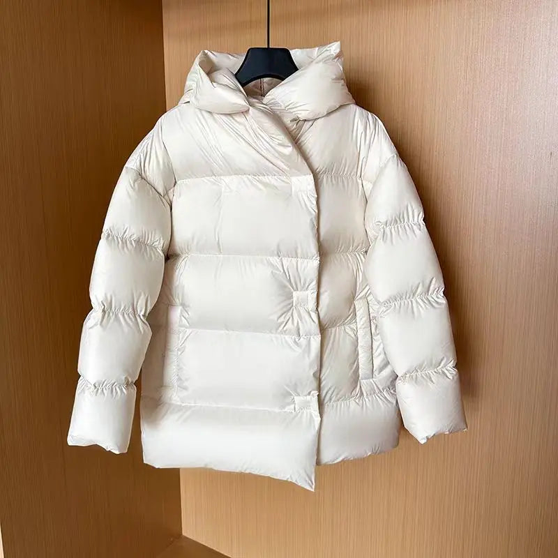 Mid-length Coats for Women, Loose Hooded Outerwear, Feather Coats, Casual and Simple, Korean Fashion, Winter, 2024