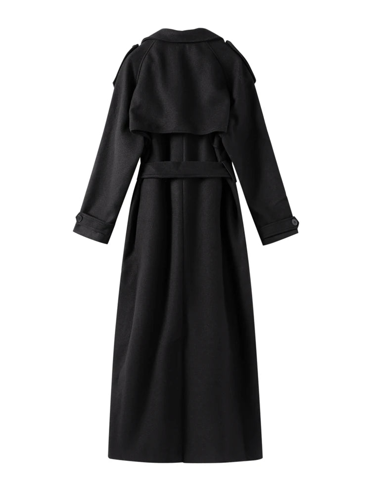 Suit Collar Long Woolen Coat With Belt Black French Luxury Cloak Wool Coats Women Winter Double-Sided Tweed Overcoat Outwear
