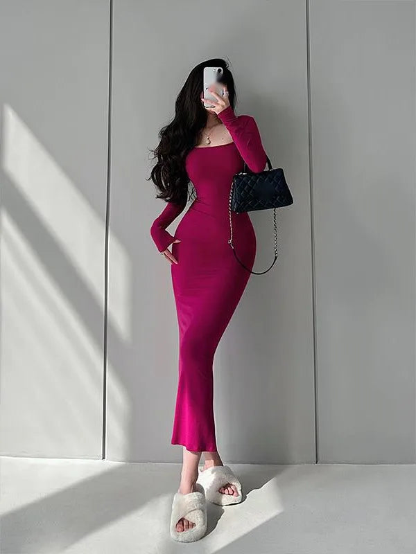 WOMENGAGA Sexy U Neck Square Collar Tight Slim Long Sleeve Fishtail Dress Long Maxi Dress Fashion Sweet Robe Women 7LN8