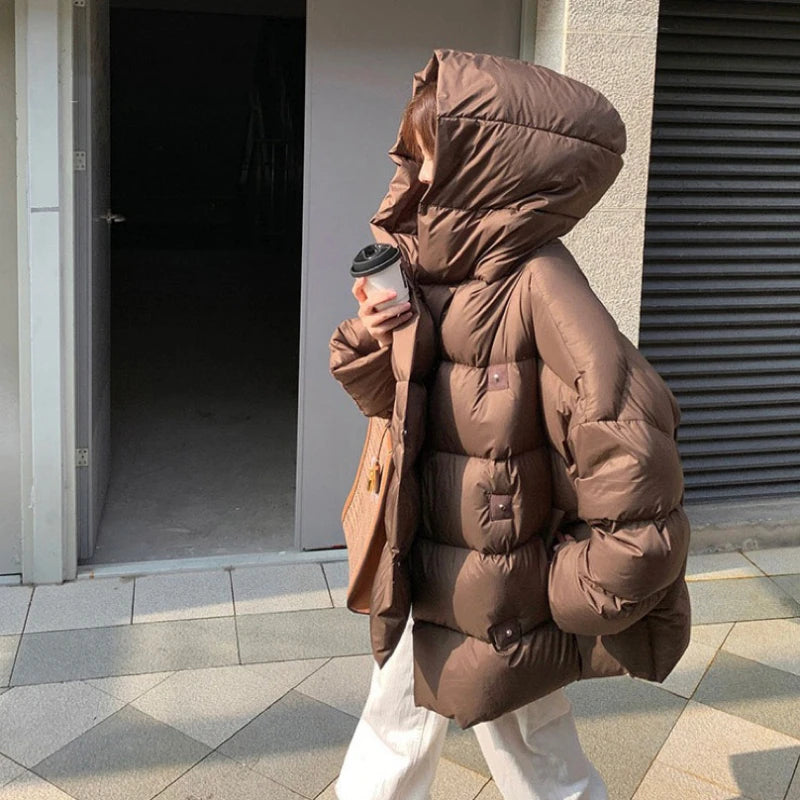 Mid-length Coats for Women, Loose Hooded Outerwear, Feather Coats, Casual and Simple, Korean Fashion, Winter, 2024