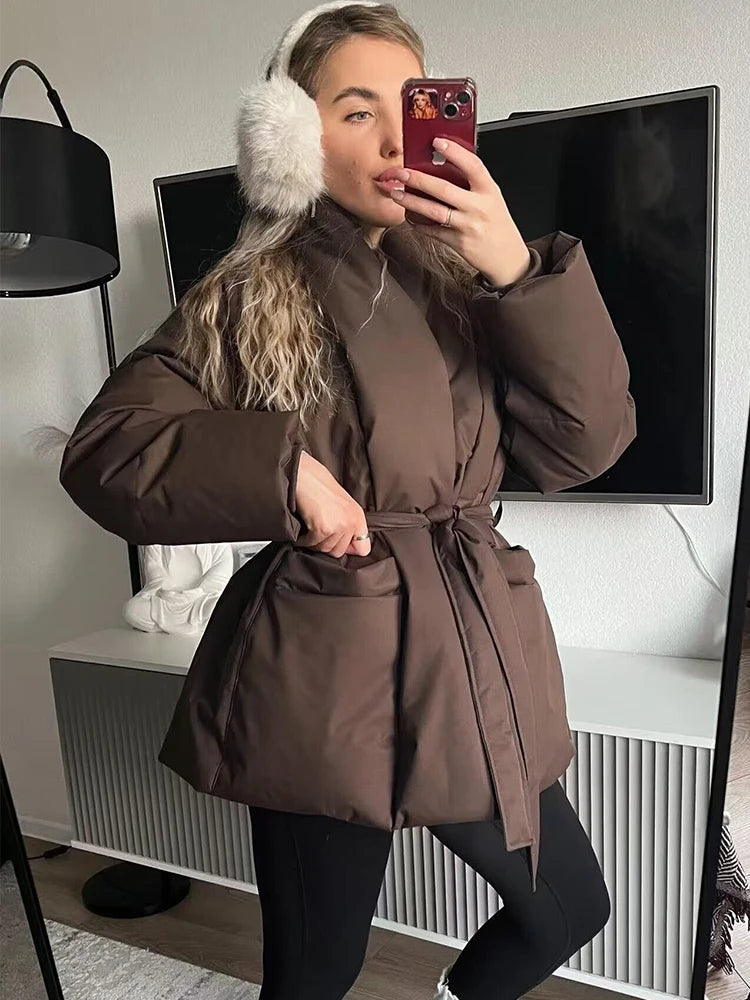 2026 New Year Parker Coats For Women New Chic Long Sleeves With Belt Jackets Women Elegant Waterproof Warmth Leisure Black Coats