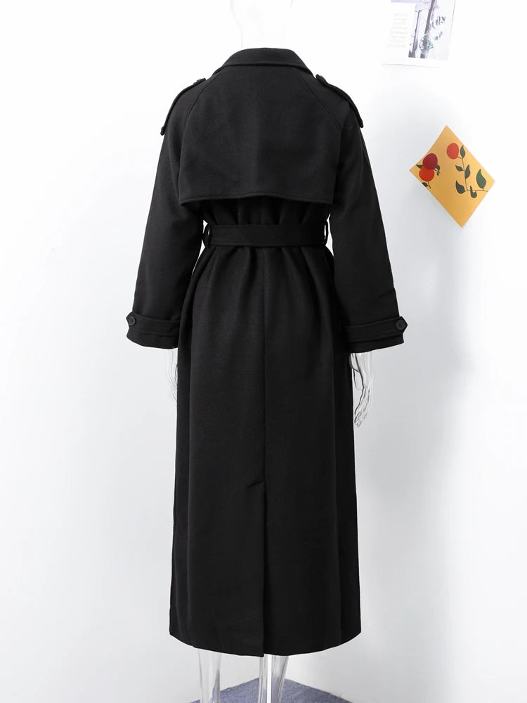 Suit Collar Long Woolen Coat With Belt Black French Luxury Cloak Wool Coats Women Winter Double-Sided Tweed Overcoat Outwear