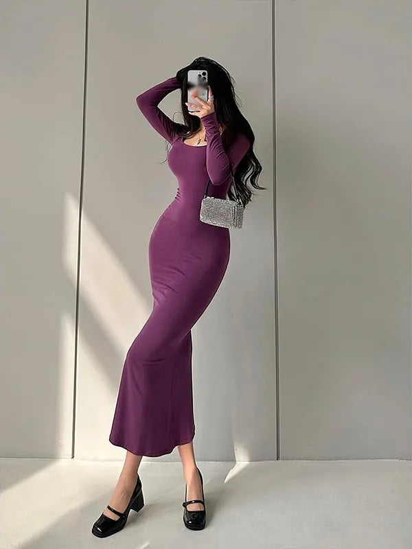 WOMENGAGA Sexy U Neck Square Collar Tight Slim Long Sleeve Fishtail Dress Long Maxi Dress Fashion Sweet Robe Women 7LN8