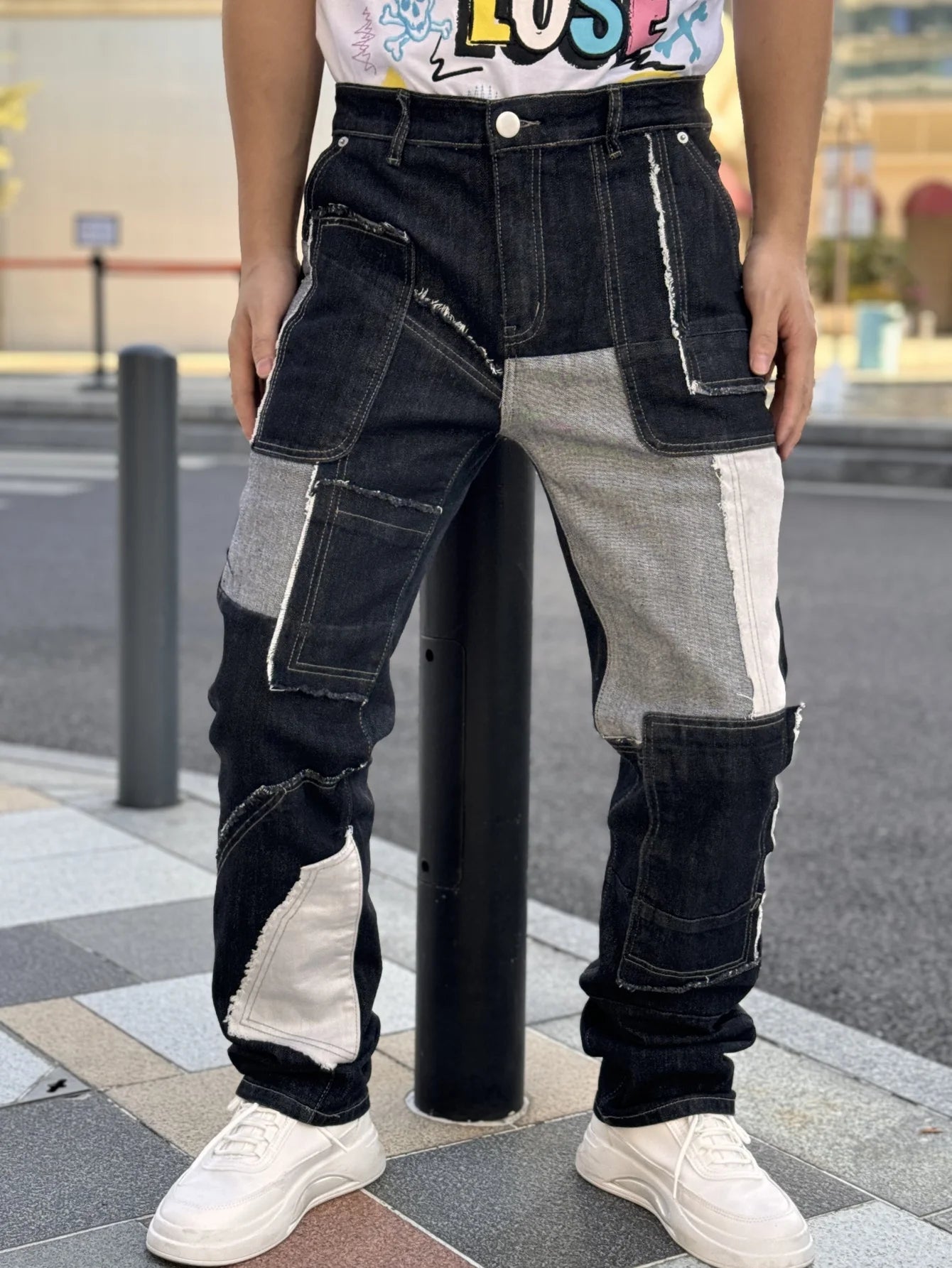 Fashionable Men's Wide Leg Jeans With Waist Cinching Trendy Black And White Checkered Patchwork Style Free Shipping On Promotion