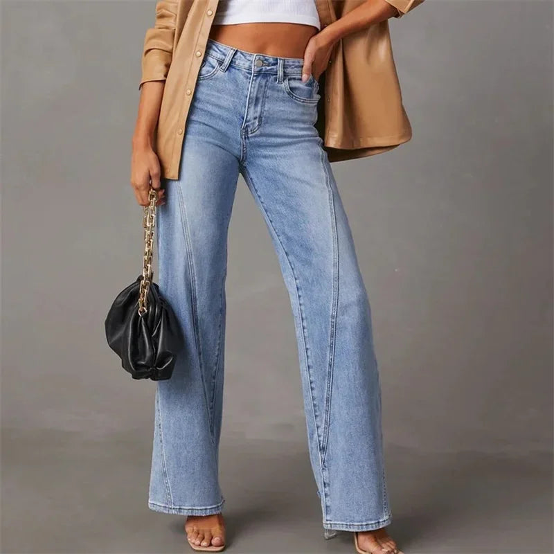 New Fashion Patchwork Wide Leg Jeans Women Mid Waist Loose Micro Flared Denim Pants Female Commuter Trousers Casual Streetwear