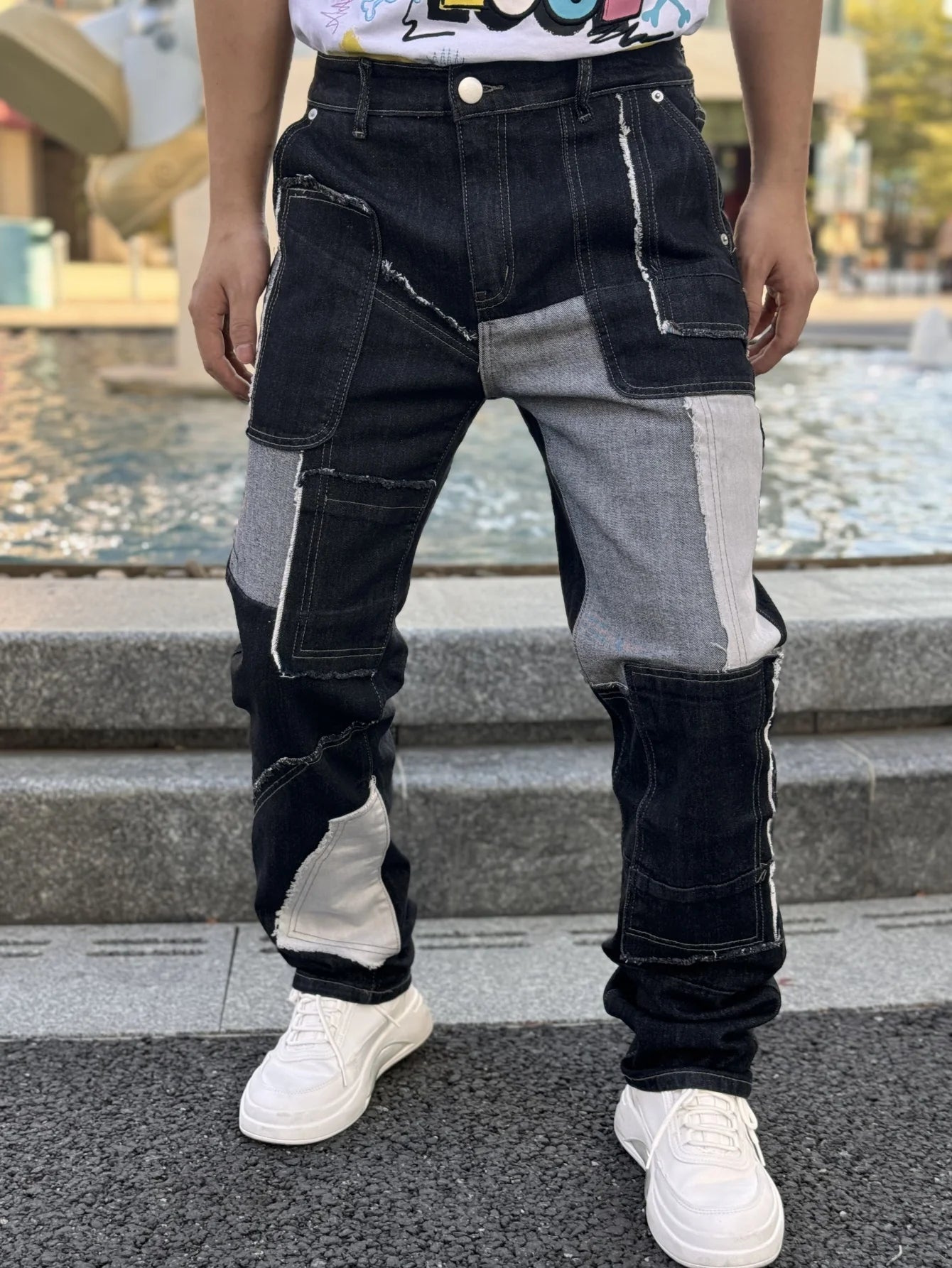 Fashionable Men's Wide Leg Jeans With Waist Cinching Trendy Black And White Checkered Patchwork Style Free Shipping On Promotion