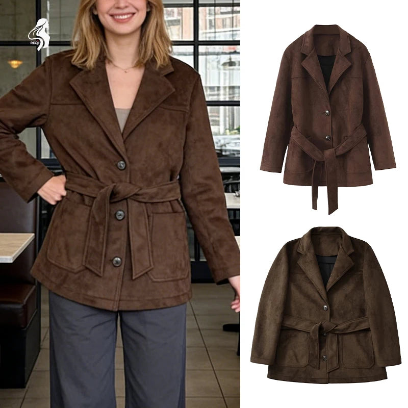 Womens Suede Look Blazer Jacket With Belted Waist And Single Button Casual And Commuter Fashion Jacket Woman Clothes Tops