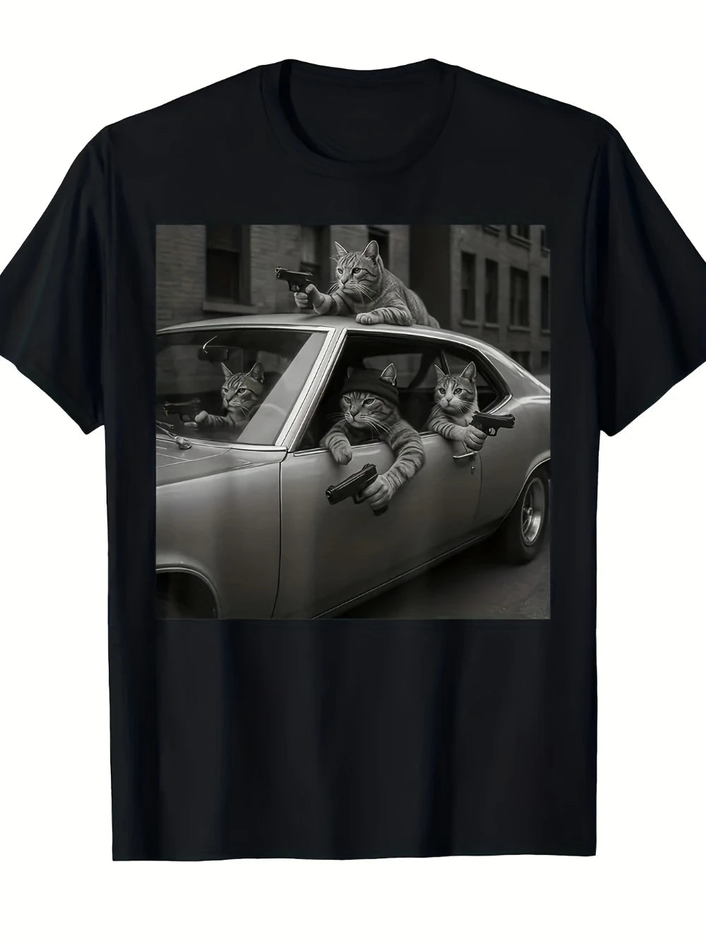 Retro Gangster Cat T-Shirt for Men and Women Featuring A Fun Gangster Cat and Classic Cars  Shirt with Designs
