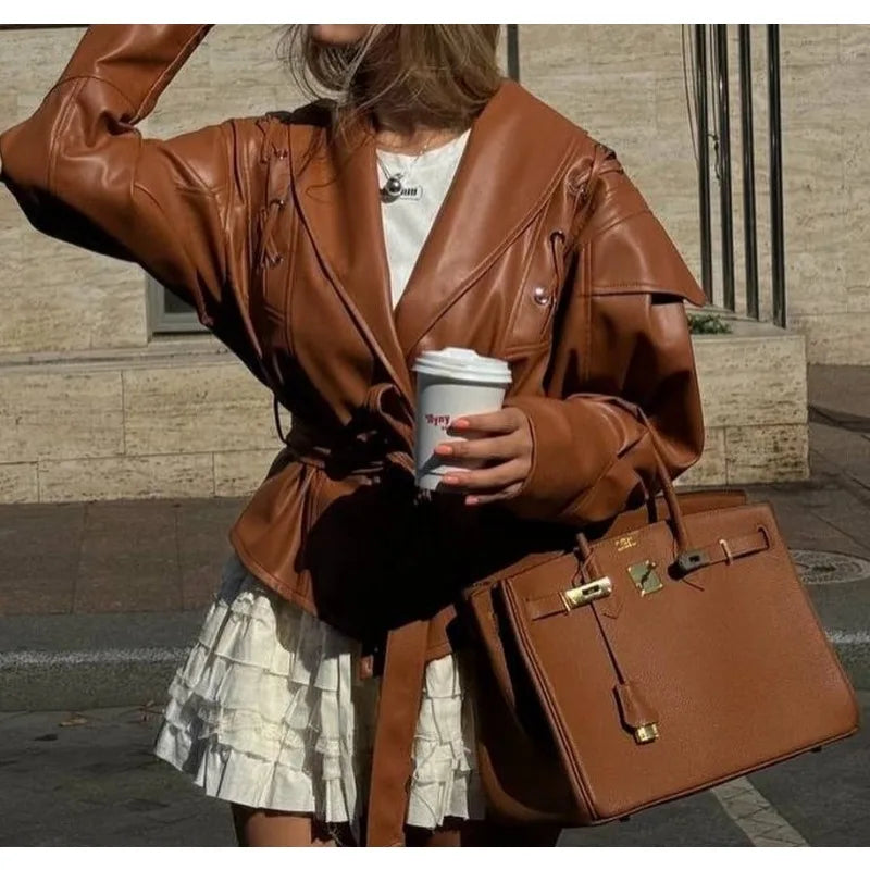 Beautiful Woman Retro New Versatile Motorcycle Jacket Leather Jacket