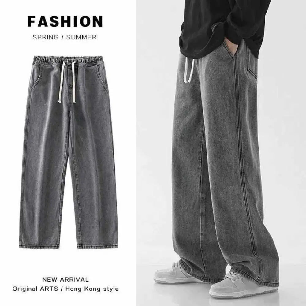 Elastic Waist Men's Casual Jeans Straight Leg Loose Fit Denim Trousers Wide Leg Basic Design Wide Leg Pants Men's Clothing