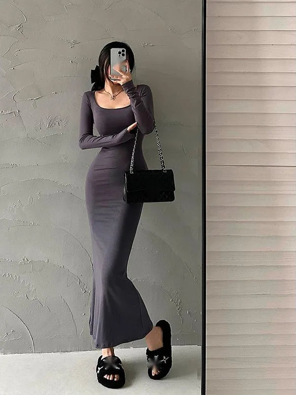 WOMENGAGA Sexy U Neck Square Collar Tight Slim Long Sleeve Fishtail Dress Long Maxi Dress Fashion Sweet Robe Women 7LN8