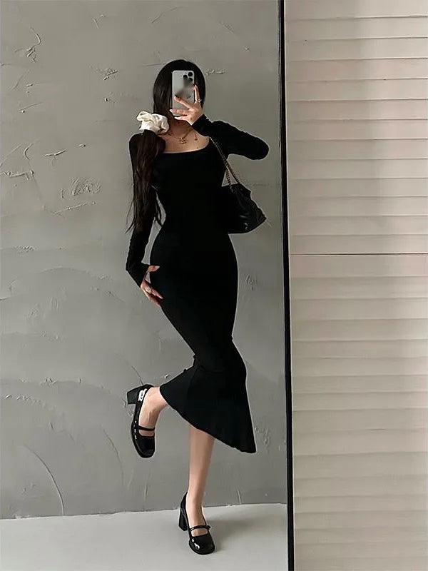 WOMENGAGA Sexy U Neck Square Collar Tight Slim Long Sleeve Fishtail Dress Long Maxi Dress Fashion Sweet Robe Women 7LN8