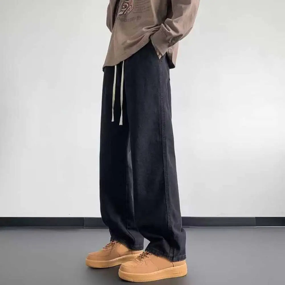 Elastic Waist Men's Casual Jeans Loose Fit Wide Leg Denim Trousers Straight Leg Basic Design Wide Leg Pants Street Fashion