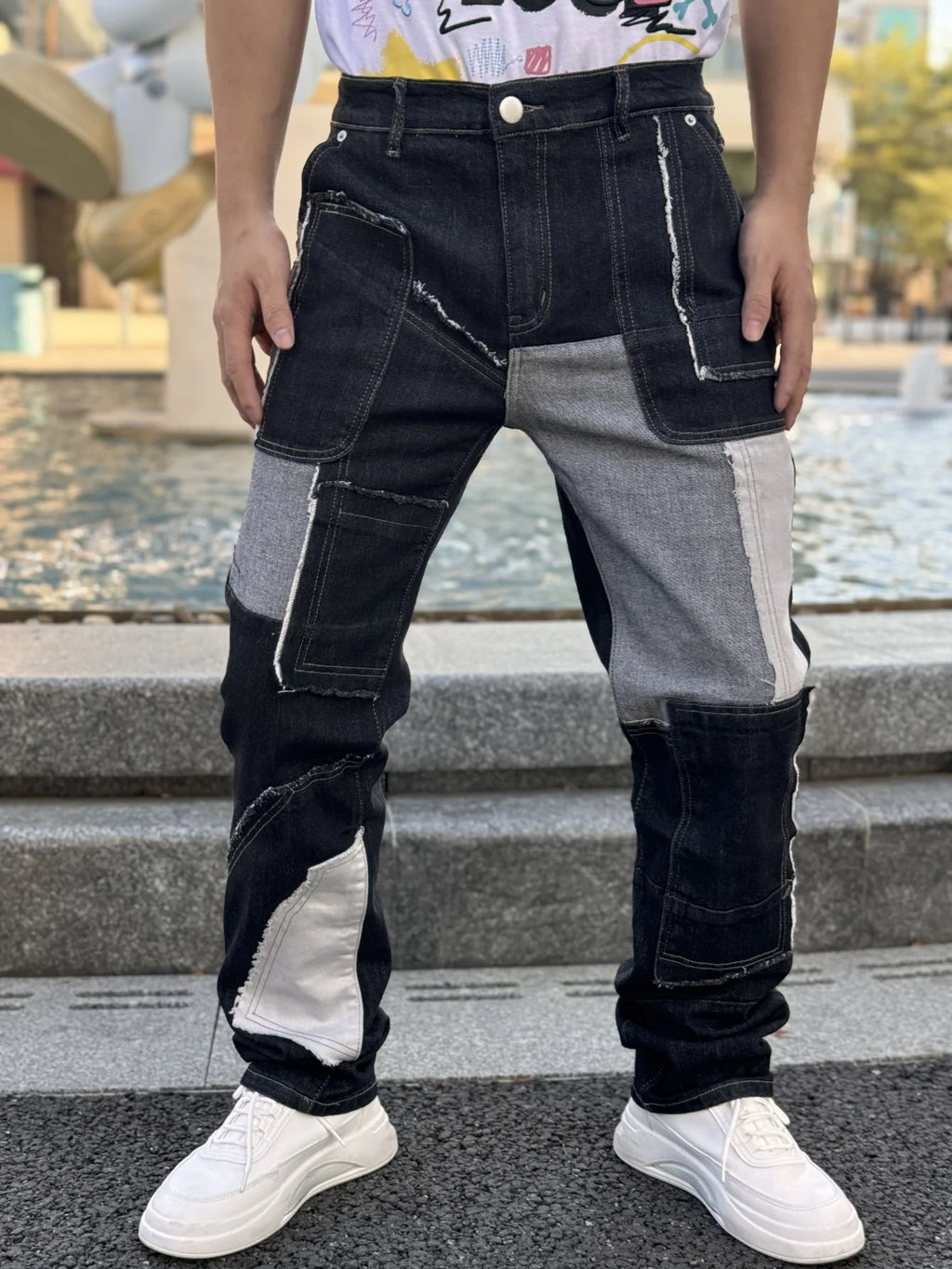 Fashionable Men's Wide Leg Jeans With Waist Cinching Trendy Black And White Checkered Patchwork Style Free Shipping On Promotion