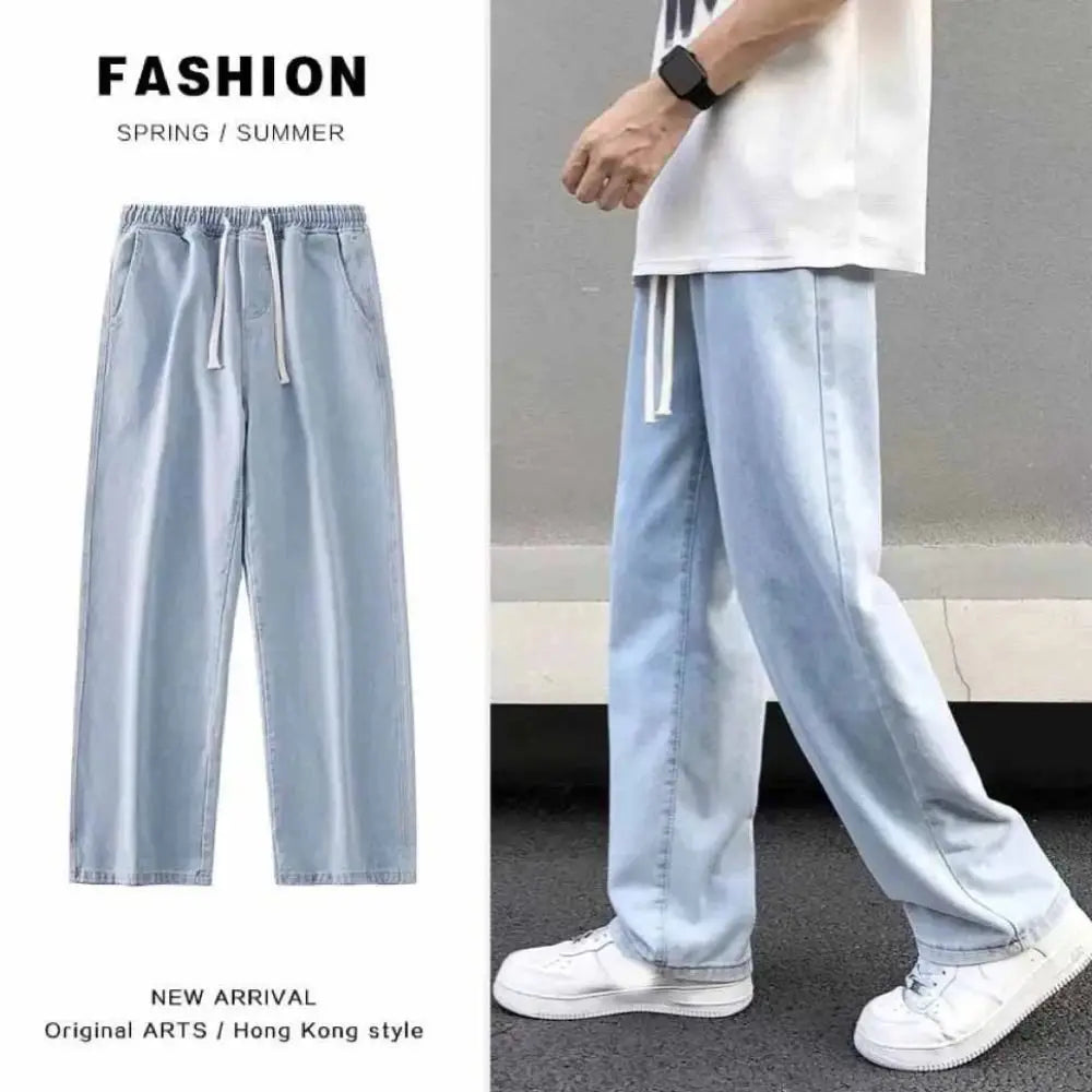 Elastic Waist Men's Casual Jeans Loose Fit Wide Leg Denim Trousers Straight Leg Basic Design Wide Leg Pants Street Fashion