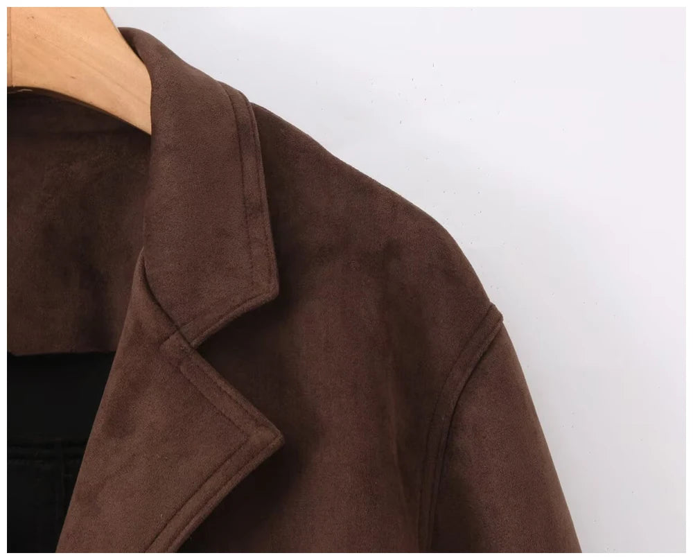 Womens Suede Look Blazer Jacket With Belted Waist And Single Button Casual And Commuter Fashion Jacket Woman Clothes Tops