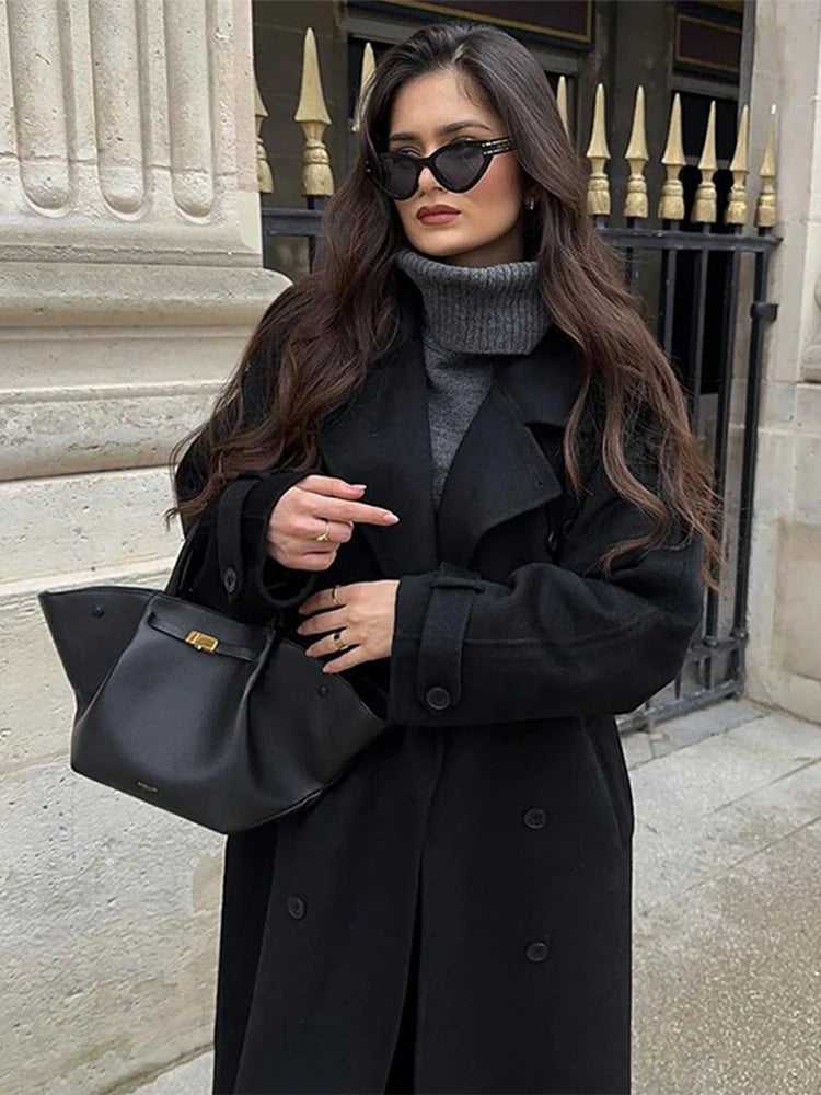 Suit Collar Long Woolen Coat With Belt Black French Luxury Cloak Wool Coats Women Winter Double-Sided Tweed Overcoat Outwear