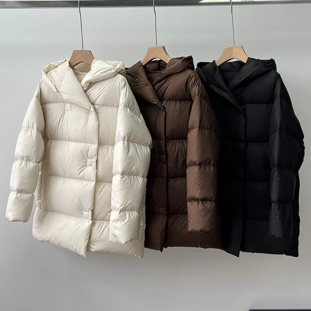 Mid-length Coats for Women, Loose Hooded Outerwear, Feather Coats, Casual and Simple, Korean Fashion, Winter, 2024