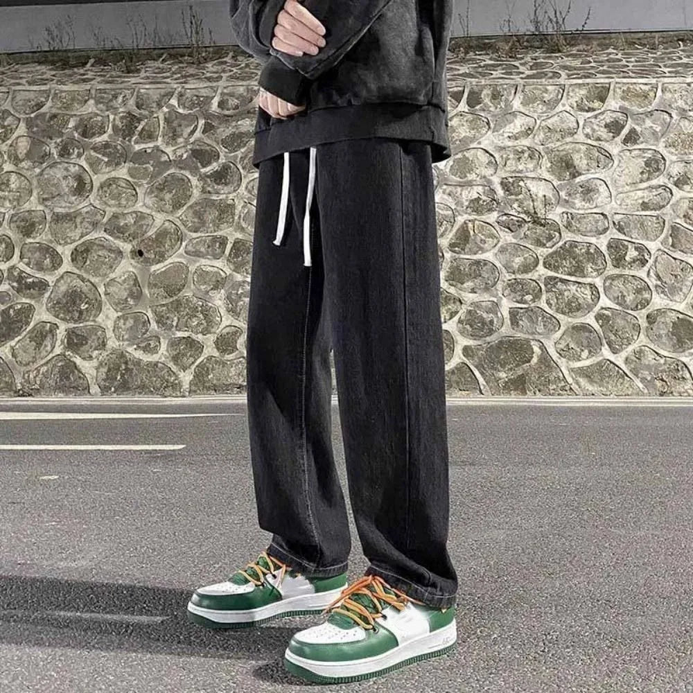 Elastic Waist Men's Casual Jeans Loose Fit Wide Leg Denim Trousers Straight Leg Basic Design Wide Leg Pants Street Fashion