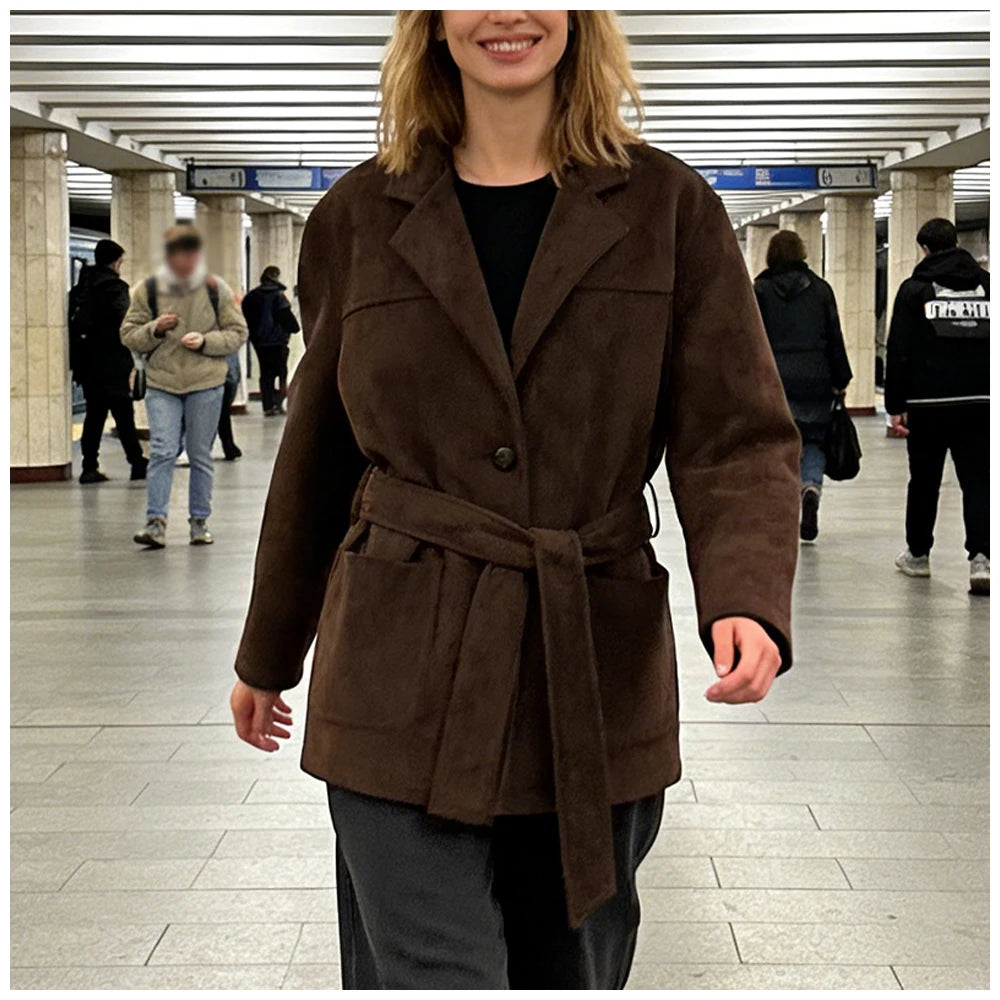 Womens Suede Look Blazer Jacket With Belted Waist And Single Button Casual And Commuter Fashion Jacket Woman Clothes Tops