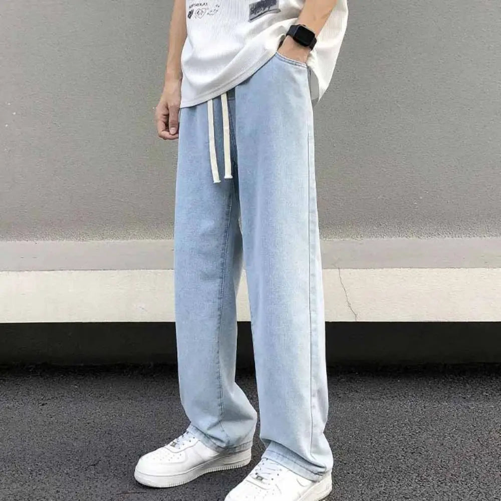 Elastic Waist Men's Casual Jeans Loose Fit Wide Leg Denim Trousers Straight Leg Basic Design Wide Leg Pants Street Fashion