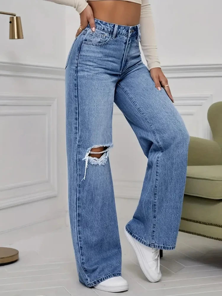 Women's Jeans Denim Pants Wide Leg Vintage Distressed Ripped Trousers 2026 Streetwear Washed Pockets Floor Length Hole Jeans
