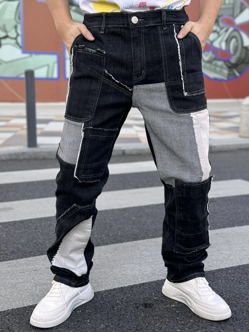 Fashionable Men's Wide Leg Jeans With Waist Cinching Trendy Black And White Checkered Patchwork Style Free Shipping On Promotion
