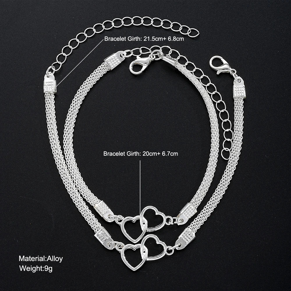 2 Pcs Set Love Heart Couple Bracelets for Women Men Silver Color Double Layer Matching Chain Bracelet Lover Jewelry Gift