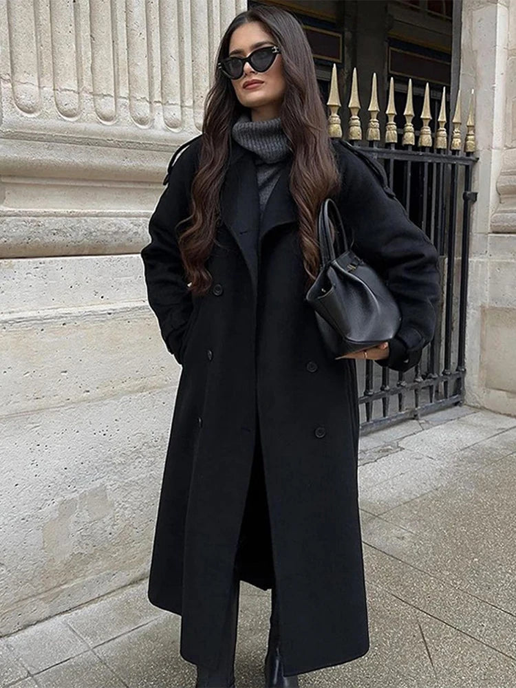 Suit Collar Long Woolen Coat With Belt Black French Luxury Cloak Wool Coats Women Winter Double-Sided Tweed Overcoat Outwear